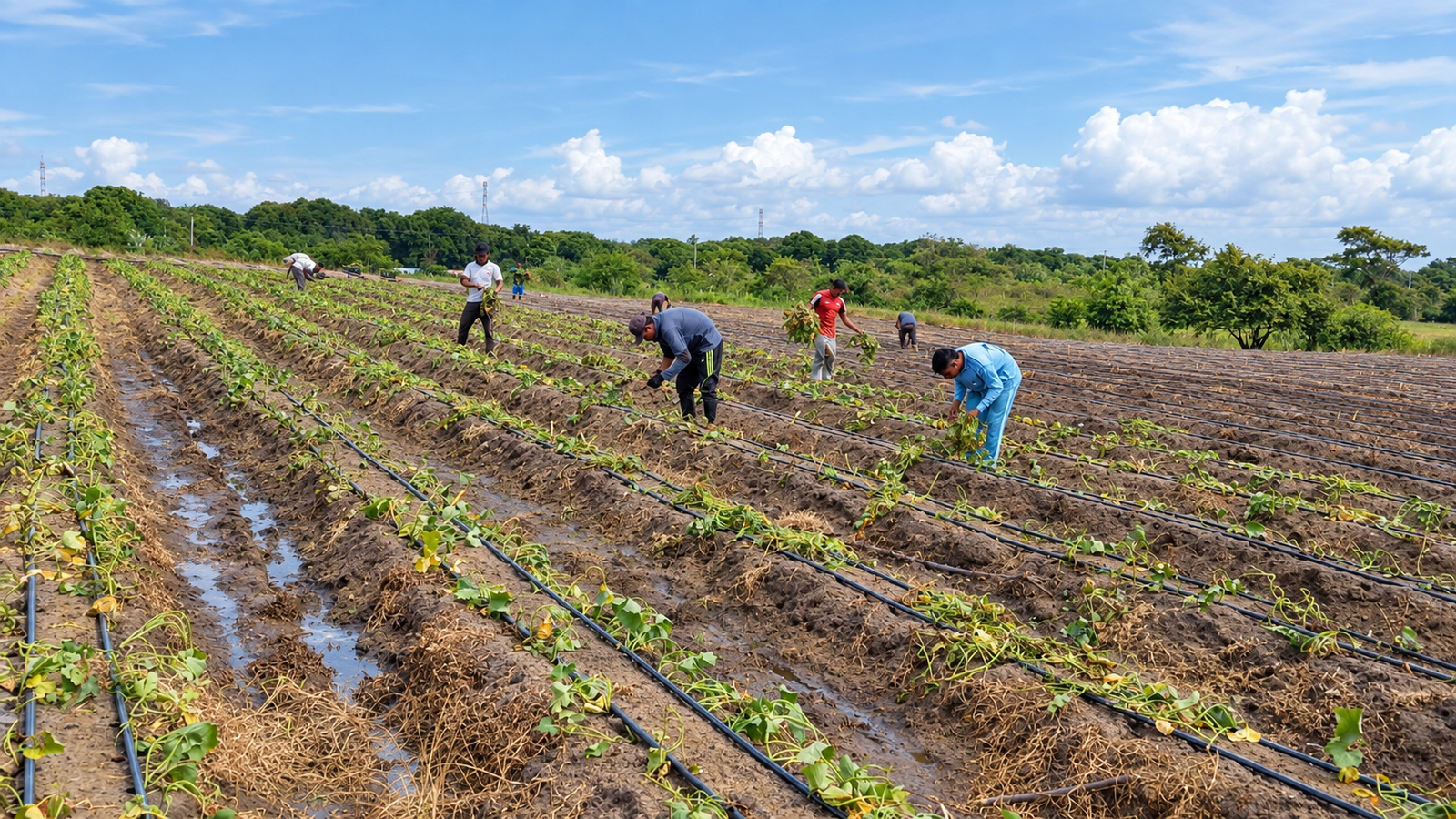 Familias campesinas cosechando batata en surcos con riego por goteo